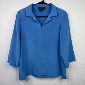 Nina McLemore Shirt 10 Blue Silk 3/4 Sleeve Collared Minimalist Career Luxury